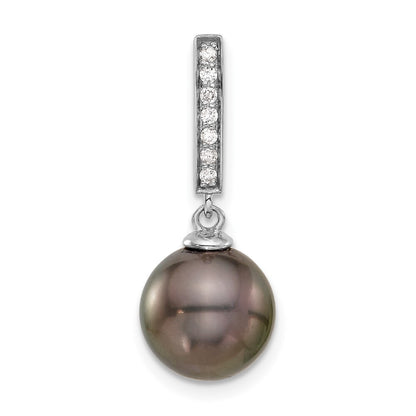 14k White Gold 11mm Black Saltwater Cultured Pearl & Diamond Dangle Chain Slide