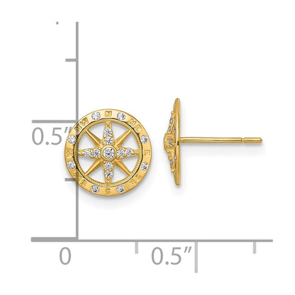 14k Yellow Gold Polished White Cubic Zirconia Compass Stud Earrings