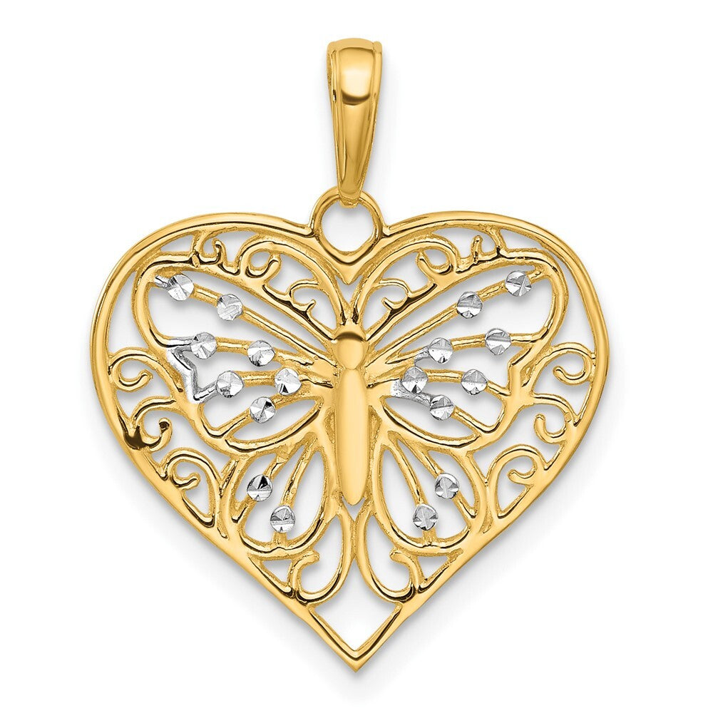 14k Yellow Gold and White Rhodium Diamond-cut Butterfly Heart Pendant