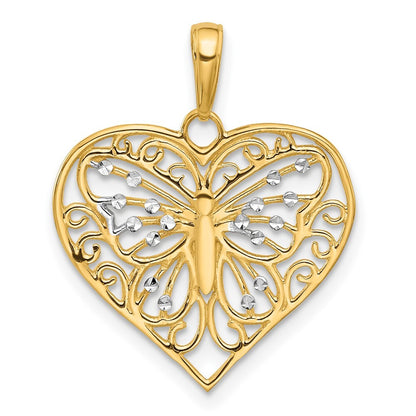 14k Yellow Gold and White Rhodium Diamond-cut Butterfly Heart Pendant