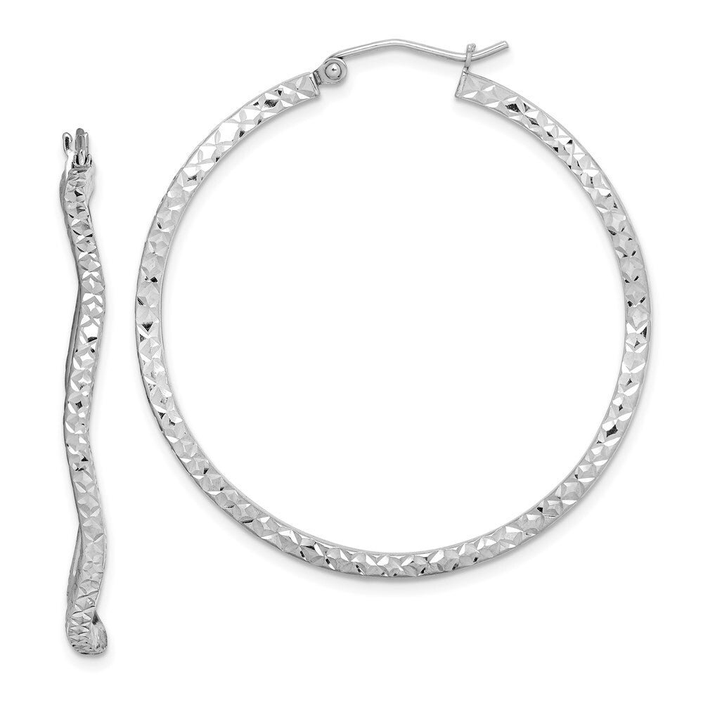 Sterling Silver Rhodium-plated Wavy Diamond-cut 1.75mm Round Hoop Earrings