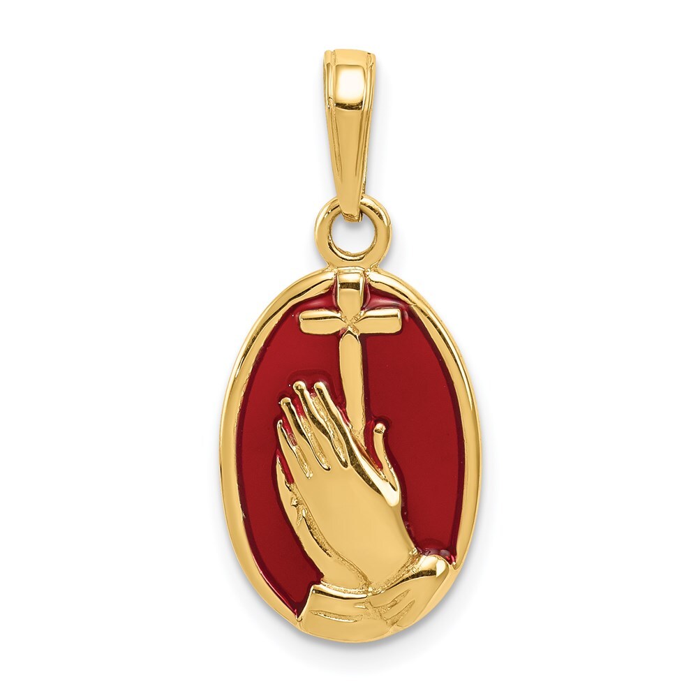 14k Yellow Gold Red Enamel Praying Hands and Cross Pendant for Women