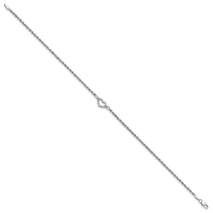 14k White Gold Diamond-cut Open Heart and Rope Chain 10 inch Anklet