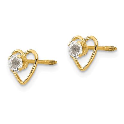14k Yellow Gold 3mm Genuine White Topaz Birthstone Heart Stud Earrings