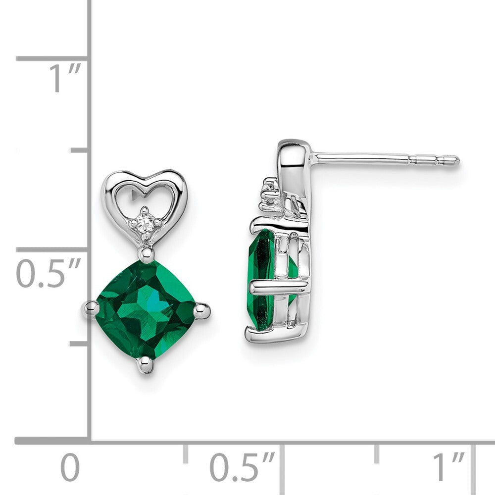 14k White Gold Created Emerald and Diamond Heart Drop & Dangle Earrings