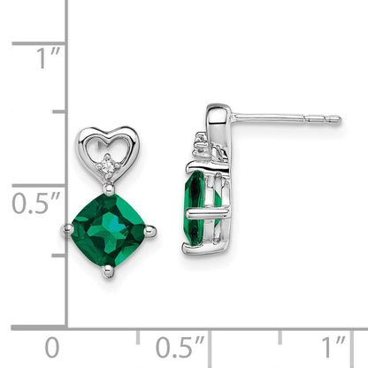 14k White Gold Created Emerald and Diamond Heart Drop & Dangle Earrings