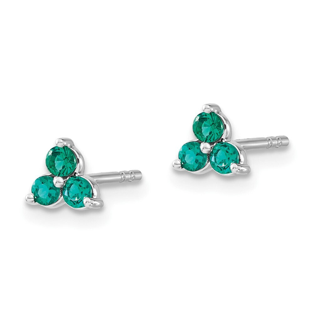 14k White Gold 3-stone Created Emerald Triangle Stud Earrings Gift for Women