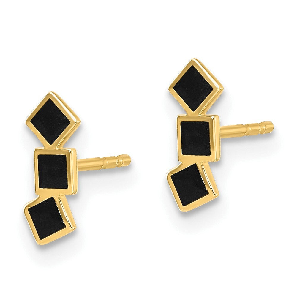 14k Yellow Gold Black Epoxy Squares Stud Earrings Gift for Women