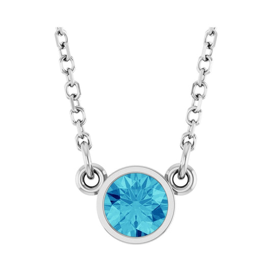 14k White Gold Natural Blue Zircon Solitaire Pendant Necklace 16"