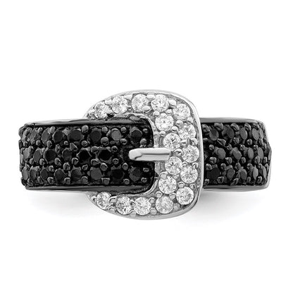 Sterling Silver Rhodium Black and Clear Cubic Zirconia Buckle Ring Size 8