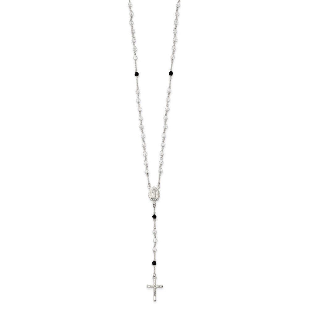 Sterling Silver Polished and Black Crystal Bead Rosary 23.5 inch Necklace