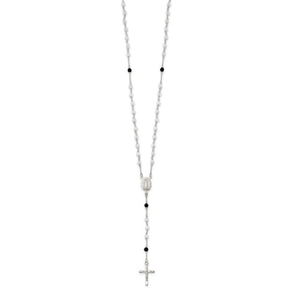 Sterling Silver Polished and Black Crystal Bead Rosary 23.5 inch Necklace