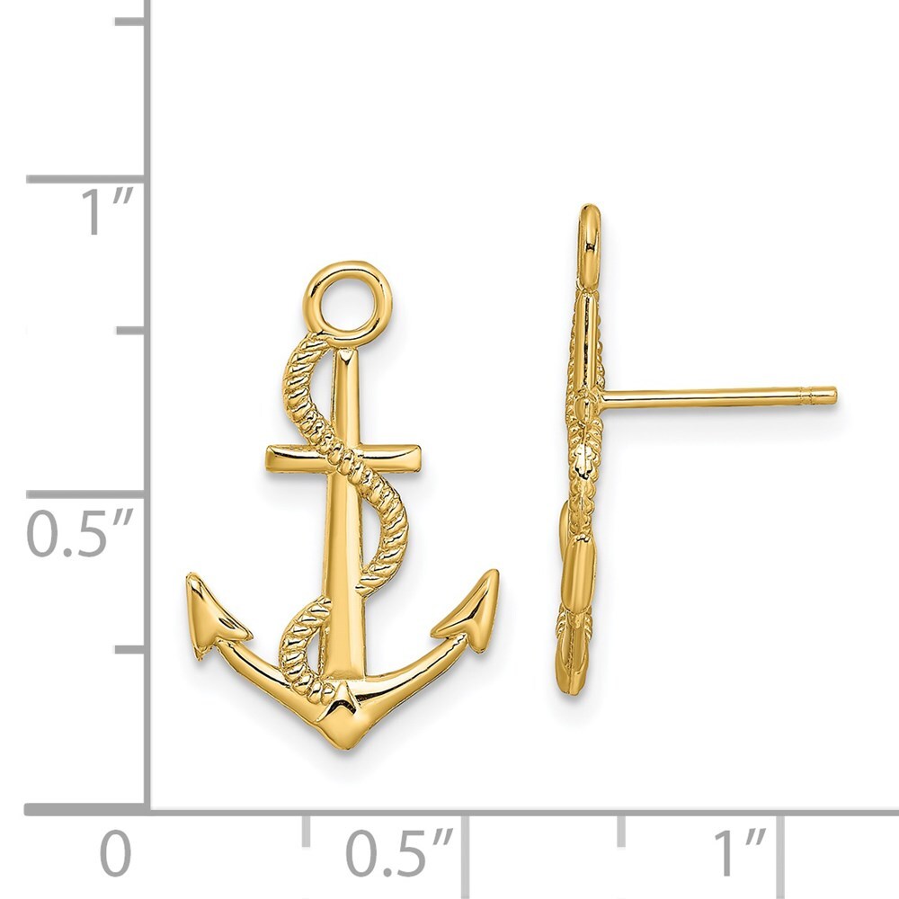 14k Yellow Gold Polished / Textured Anchor Rope Stud Earrings Gift for Women