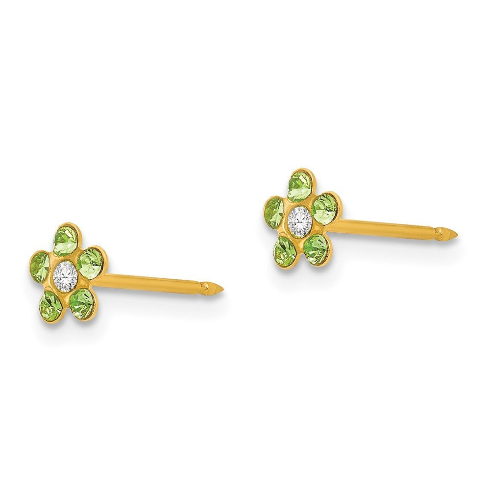 14k Yellow Gold August Lt Green Crystal Birthstone Flower Earrings