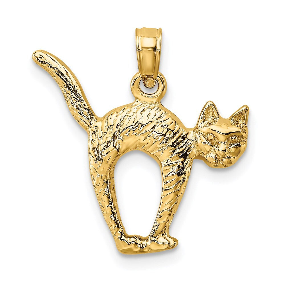 14k Yellow Gold 3-D Textured Arch Back and Raised Tail Cat Charm Pendant