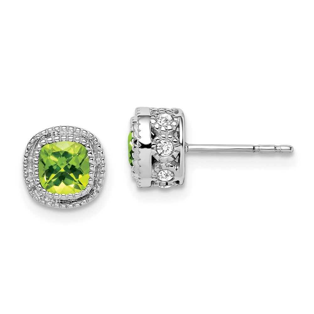 14k White Gold Cushion Peridot and Diamond Stud Earrings