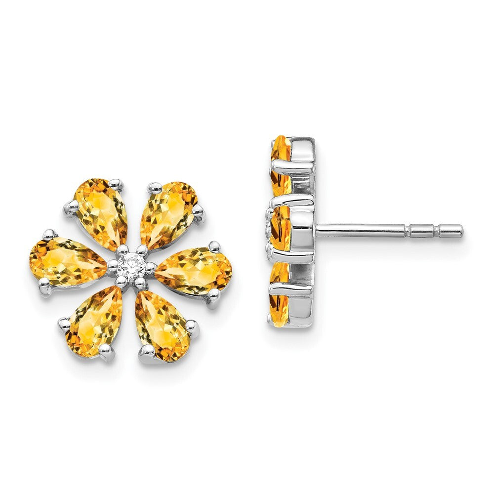 14k White Gold Diamond Citrine Flower Stud Earrings