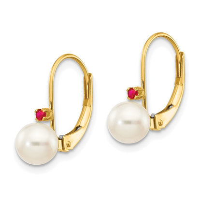 14k Yellow Gold 5-5.5mm White Round FW Cultured Pearl Ruby Leverback Earrings