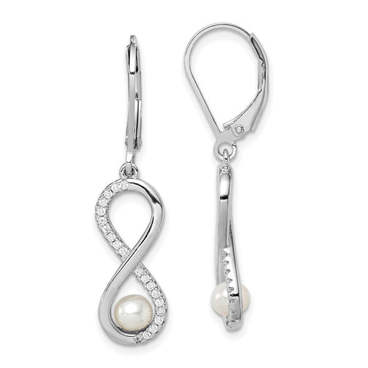 Sterling Silver 4-5mm Freshwater Cultured Pearl & CZ Infinity Dangle Earrings