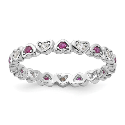 SS Rhodium-plated .14Lab Cr. Ruby and .27Cr. Wh Sapphire Heart Ring Size 8