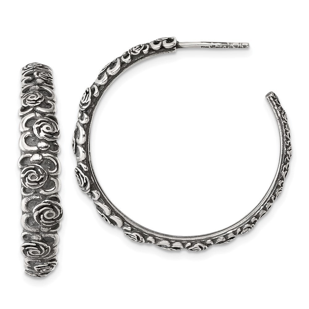 Sterling Silver Antiqued Graduated Floral 5.75 x 32mm C-Hoop Earrings