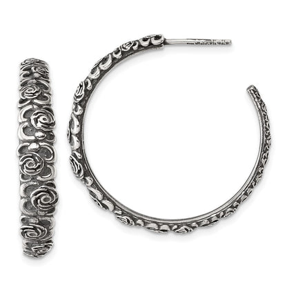 Sterling Silver Antiqued Graduated Floral 5.75 x 32mm C-Hoop Earrings