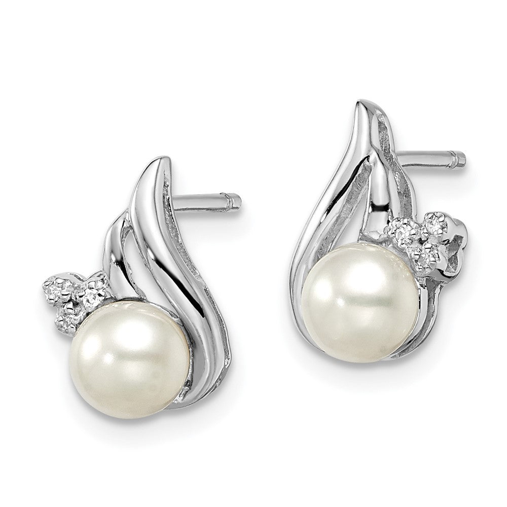 Sterling Silver Rhodium 6mm FW Cultured Pearl & Diamond Ear