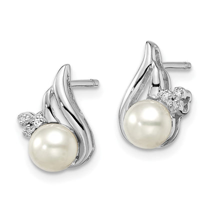 Sterling Silver Rhodium 6mm FW Cultured Pearl & Diamond Ear