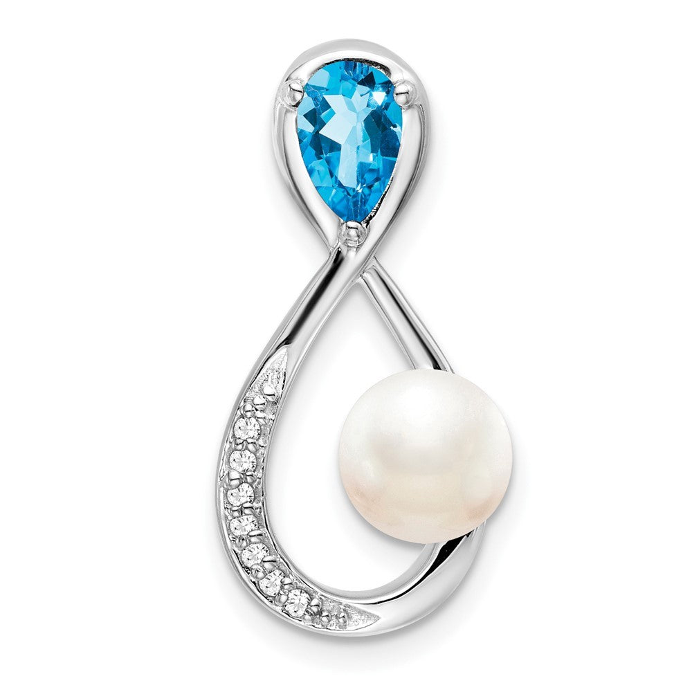 14k White Gold Blue Topaz/Cultured Pearl/Diamond Infinity Chain Slide