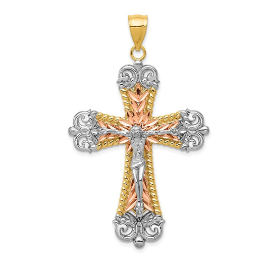 14K Tri-Color Gold W White Rhodium Crucifix Cross Pendant