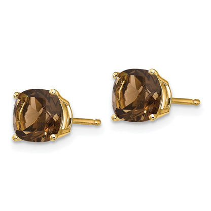 14k Yellow Gold 6mm Cushion Smoky Quartz Earrings Gift for Women