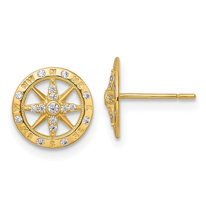 14k Yellow Gold Polished White Cubic Zirconia Compass Stud Earrings