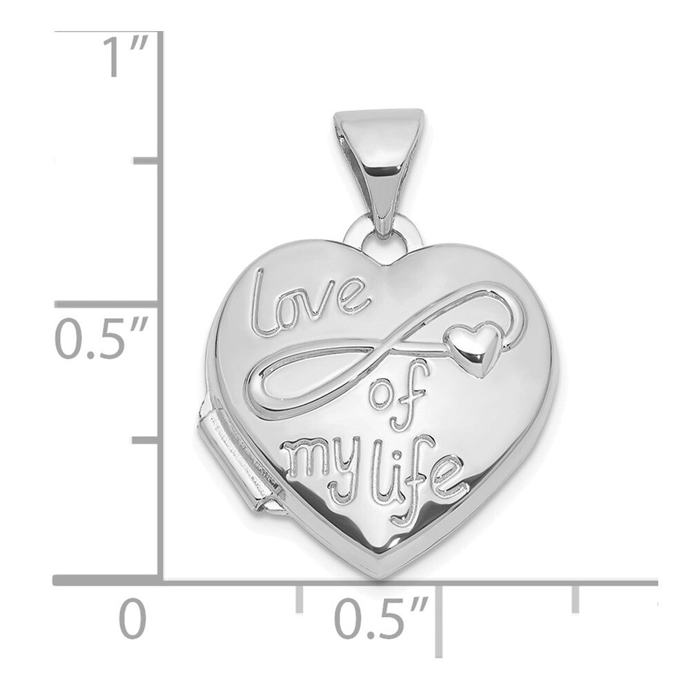 14k White Gold Polished LOVE OF MY LIFE 15mm Heart Locket Pendant for Women