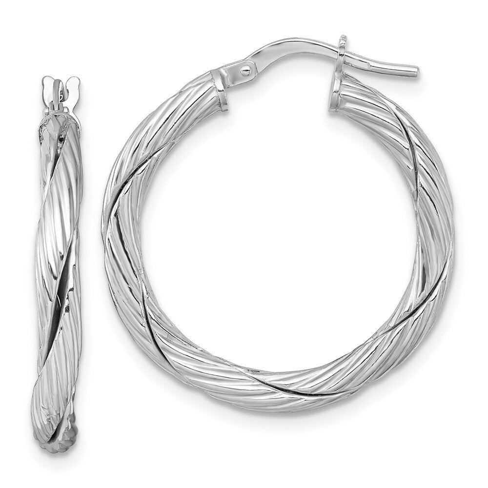 Sterling Silver RH-plated Polished and Twisted Round Hoop Earrings
