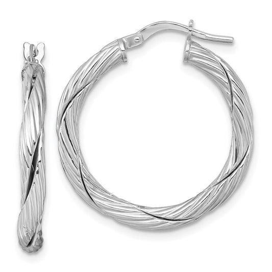 Sterling Silver RH-plated Polished and Twisted Round Hoop Earrings
