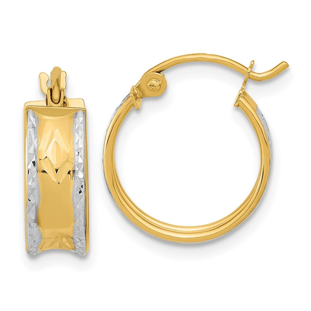 14k Yellow Gold White Rhodium Polished Diamond-cut Hoops
