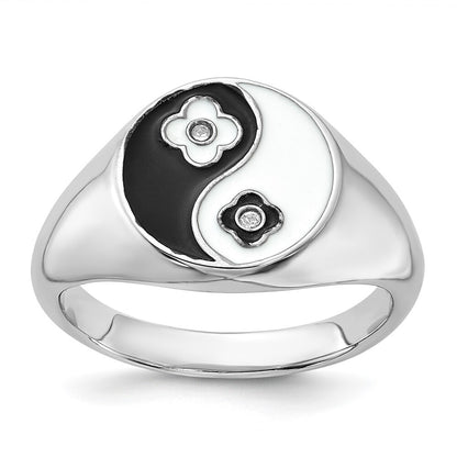 Sterling Silver Rhodium-plated Enameled Yin Yang CZ Ring Size 8