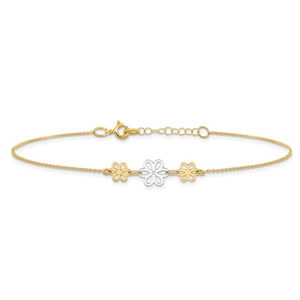 14K Two-tone Polished Three Cut-out Flowers 10" Anklet
