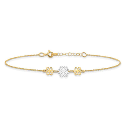 14K Two-tone Polished Three Cut-out Flowers 10" Anklet
