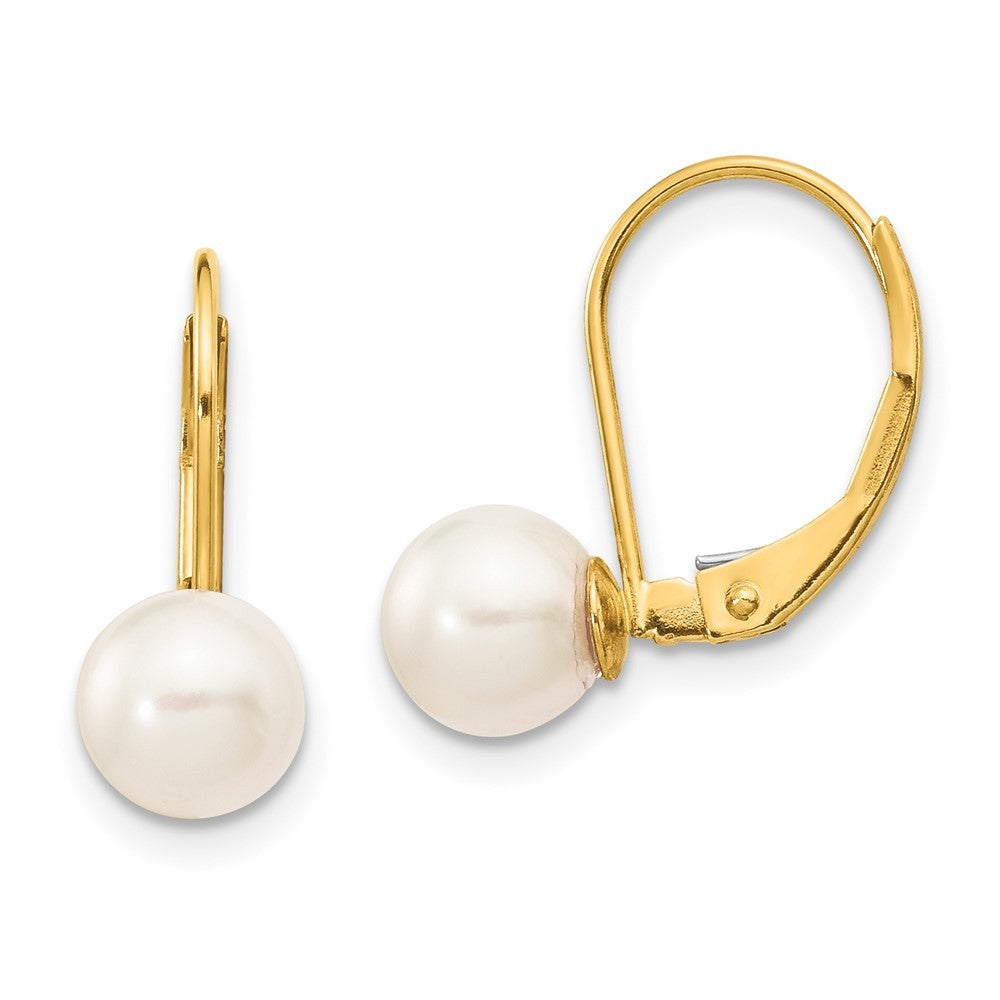 14k Yellow Gold 6mm White Akoya Saltwater Cultured Pearl Dangle Earrings