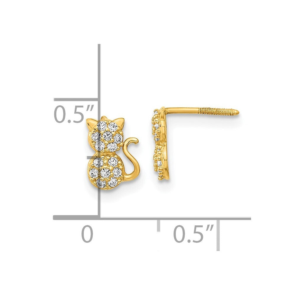 14k Yellow Gold Polished Cubic Zirconia Sitting Cat Screwback Stud Earrings