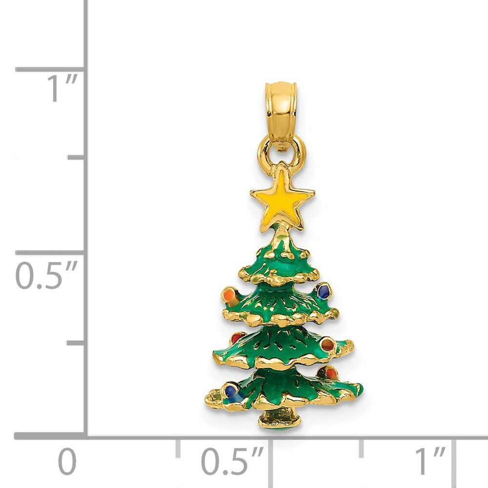 14k Yellow Gold 3D Enameled Christmas Tree Pendant for Women