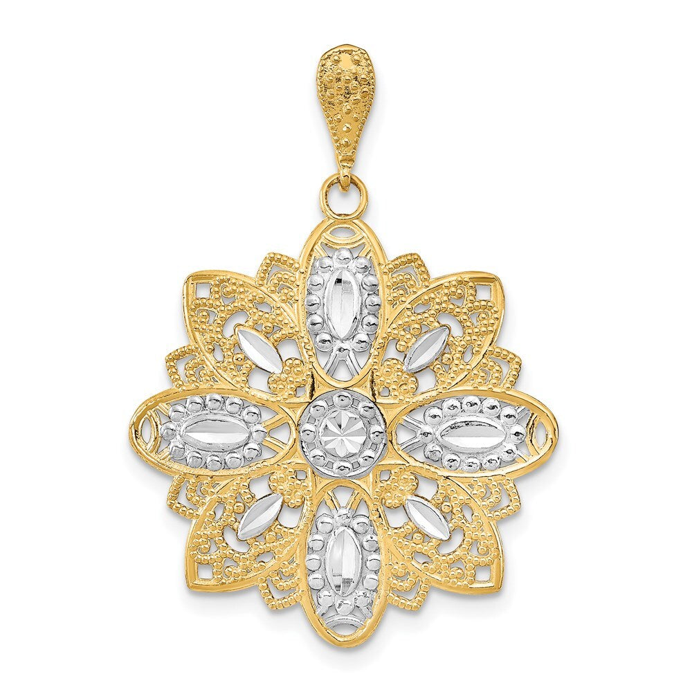 14k Yellow Gold Rhodium Diamond-Cut and Filigree Flower Charm Pendant for Women