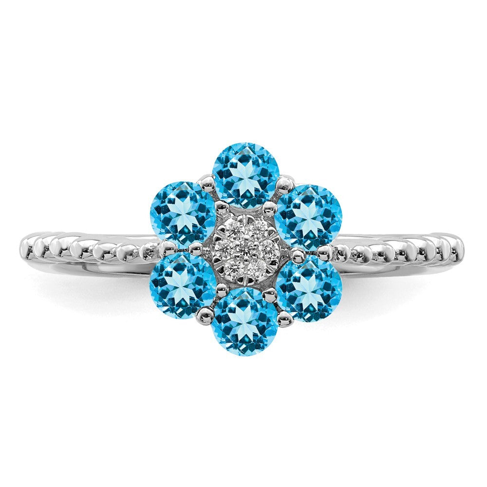 14k White Gold Blue Topaz and Diamond Floral Ring Size 7