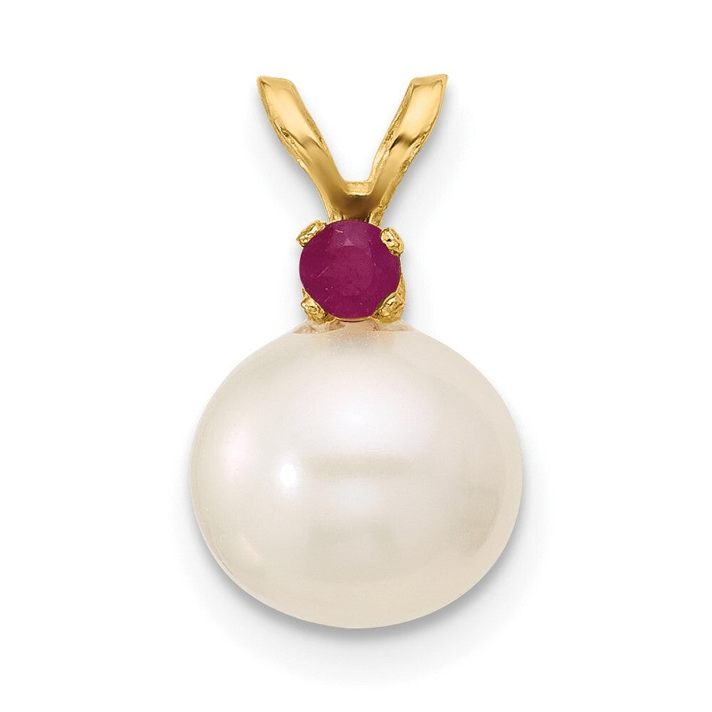 14k Yellow Gold 8-8.5mm White Round Freshwater Cultured Pearl .09RU Ruby Pendant
