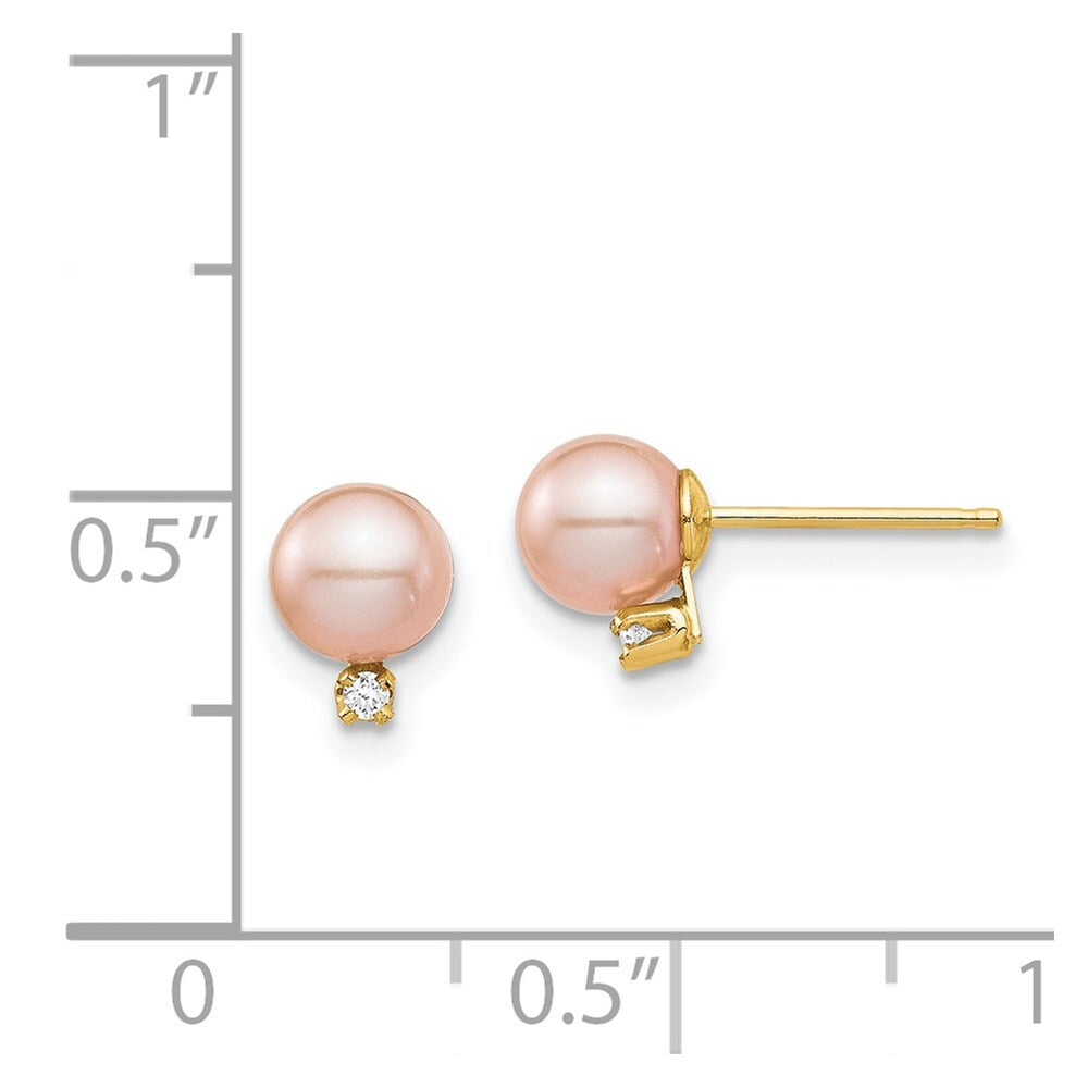 14k Yellow Gold 5-6mm Pink Cultured Pearl & .02 Carat Diamond Stud Earrings