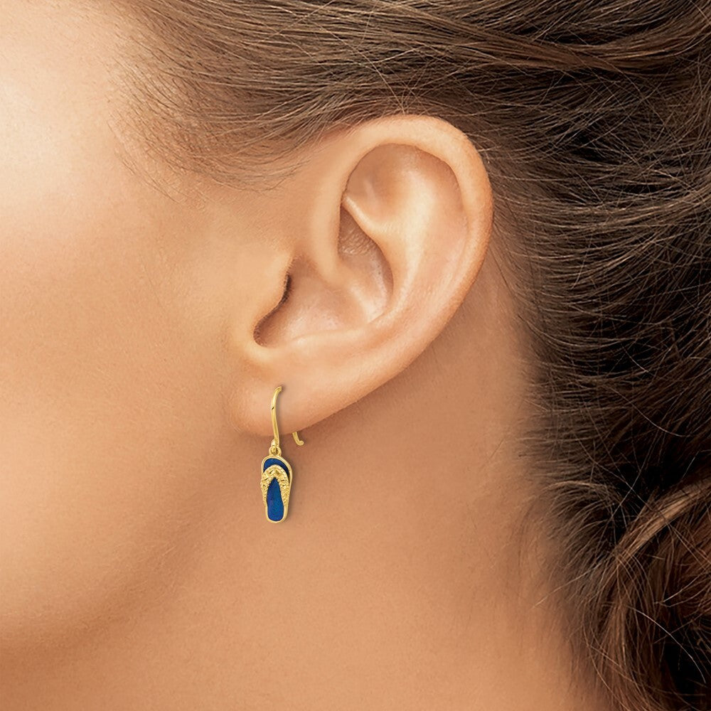 14k Yellow Gold Polished Blue Enameled Flip Flop Shepherd Hook Dangle Earrings