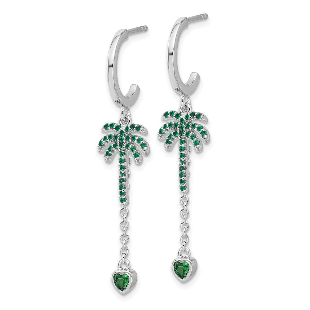 Sterling Silver Green Cubic Zirconia Palm Tree Heart Post Hoop Earrings