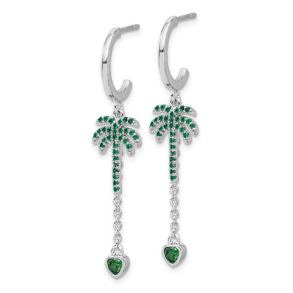Sterling Silver Green Cubic Zirconia Palm Tree Heart Post Hoop Earrings