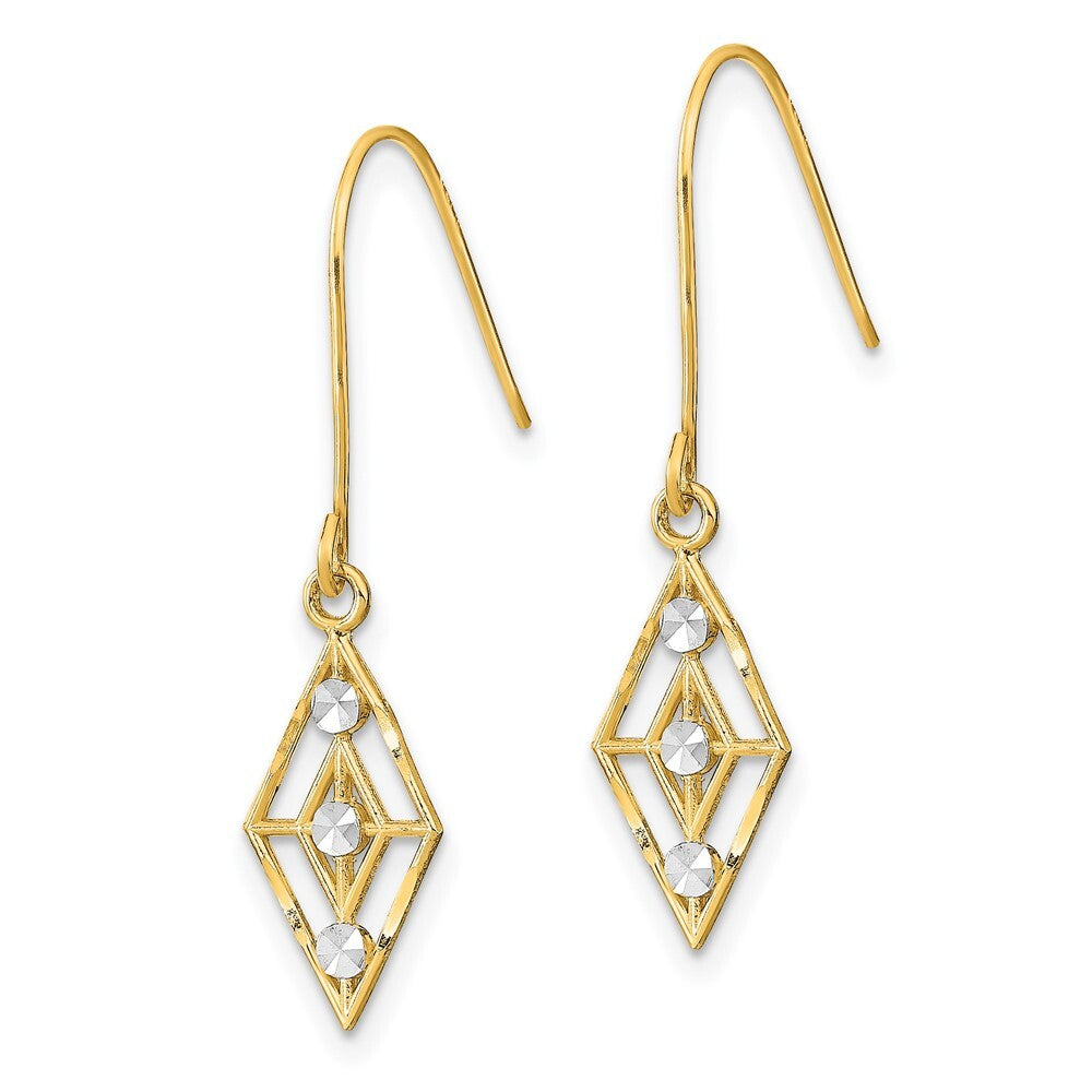 14k Yellow Gold Rhodium Diamond-cut Small Diamond Shape Wire Earrings
